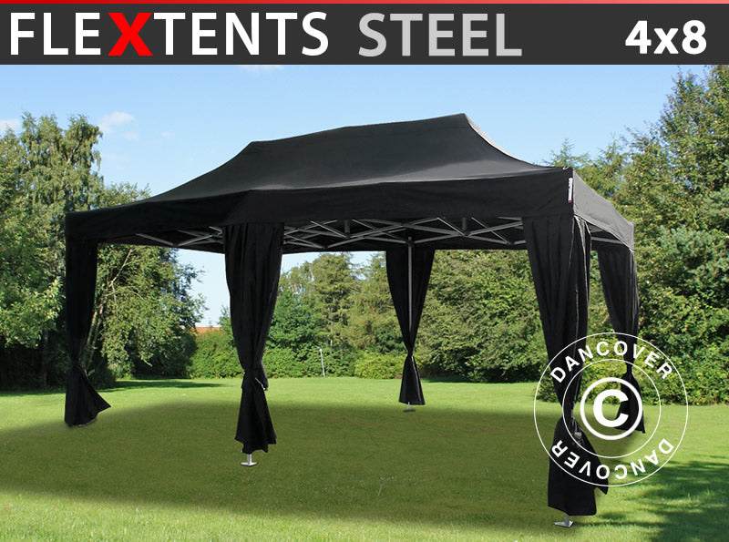 Gazebo pieghevole FleXtents Steel 4x8m Nero, incl. 6 tendaggi decorativi