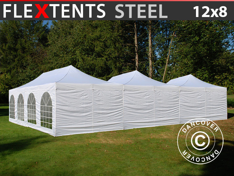 Gazebo pieghevole FleXtents® Steel 12x8m Bianco, incl. 8 pareti laterali