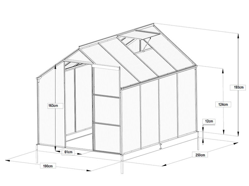 Serre Polycarbonate 4,75m², 1,9x2,5x2,05m avec base, Noir
