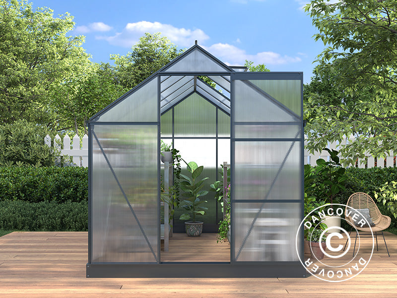Gewächshaus Polycarbonat 5,89m², 1,9x3,1x2,05m mit Basis, Schwarz