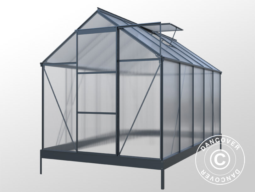 Gewächshaus Polycarbonat 5,89m², 1,9x3,1x2,05m mit Basis, Schwarz