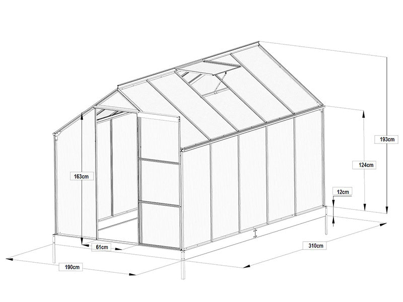 Gewächshaus Polycarbonat 5,89m², 1,9x3,1x2,05m mit Basis, Schwarz