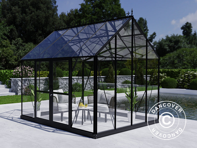 Orangerie, serre 8,9m², 3,01x2,99x2,95m avec socle et crête ornementale, Noir