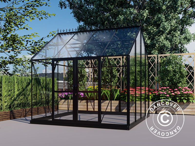Serra orangerie, serra in vetro 8,9m², 3,01x2,99x2,95m con base e cresta, Nero