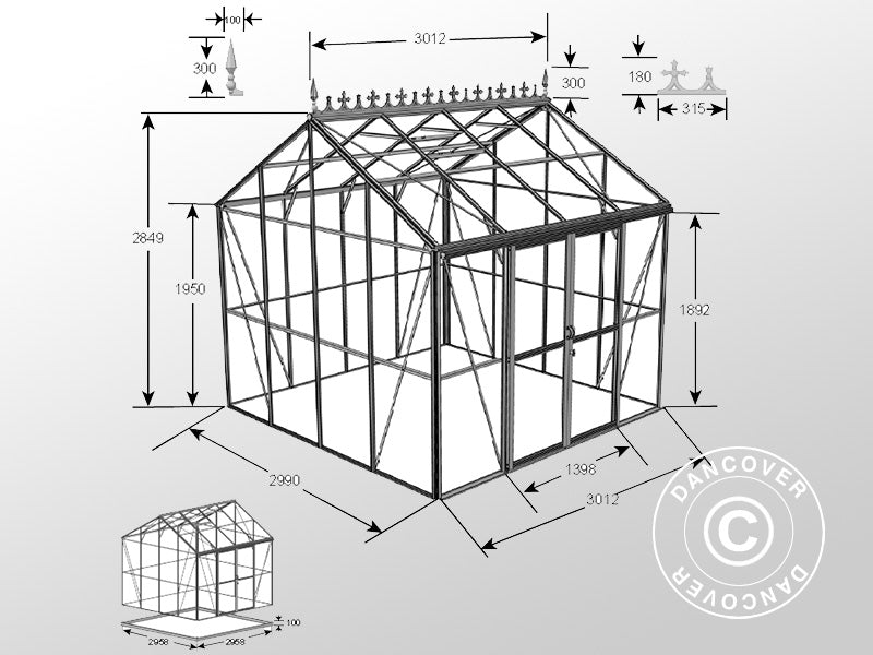 Serra orangerie, serra in vetro 8,9m², 3,01x2,99x2,95m con base e cresta, Nero