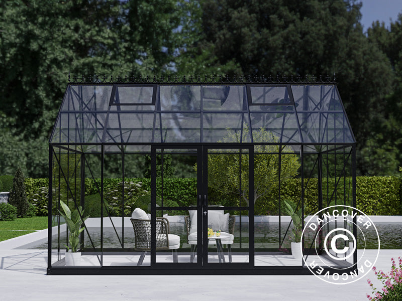 Serra orangerie, serra in vetro 13,3m², 4,45x2,99x2,95m con base e cresta, Nero