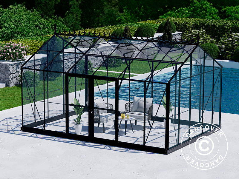 Serra Orangerie, serra in vetro 16,5m², 4,45x3,71x3,16m con base e cresta vittoriana, Nero