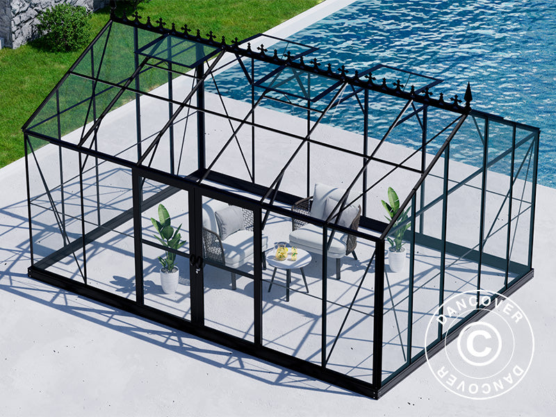 Serra Orangerie, serra in vetro 16,5m², 4,45x3,71x3,16m con base e cresta vittoriana, Nero