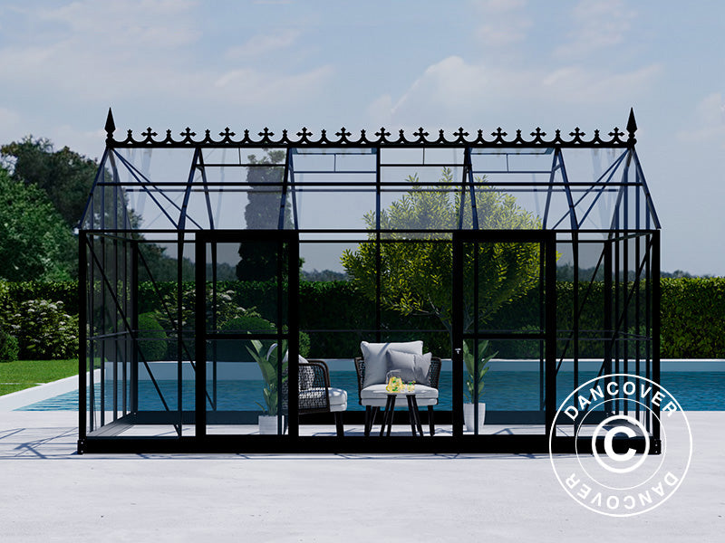 Serra Orangerie, serra in vetro 16,5m², 4,45x3,71x3,16m con base e cresta vittoriana, Nero