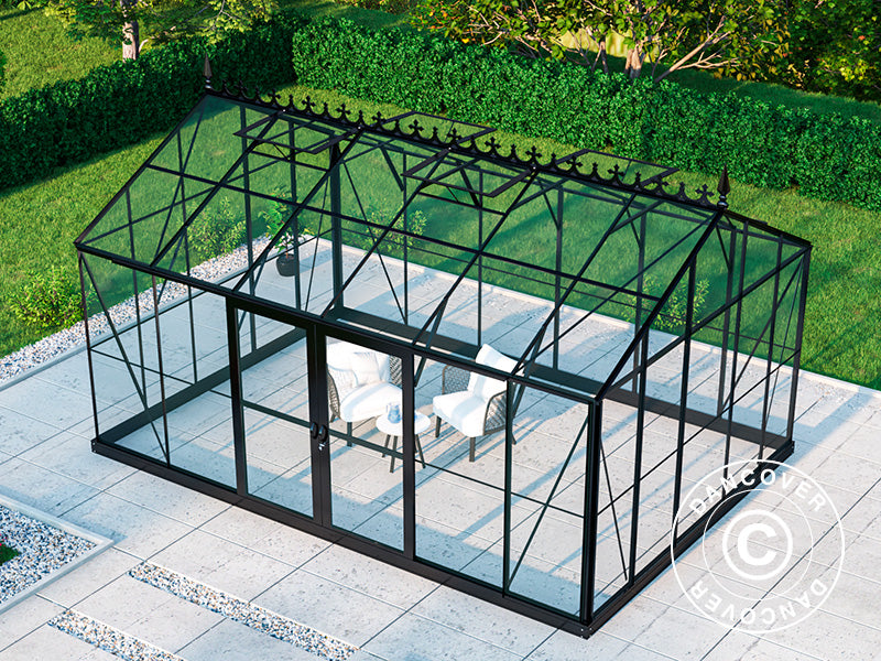 Serra Orangerie, serra in vetro 16,5m², 4,45x3,71x3,16m con base e cresta vittoriana, Nero