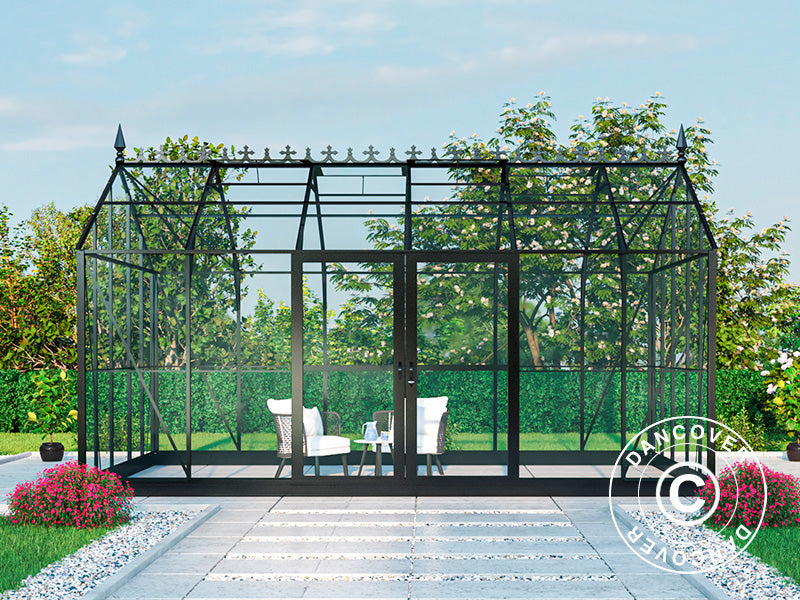 Serra Orangerie, serra in vetro 16,5m², 4,45x3,71x3,16m con base e cresta vittoriana, Nero