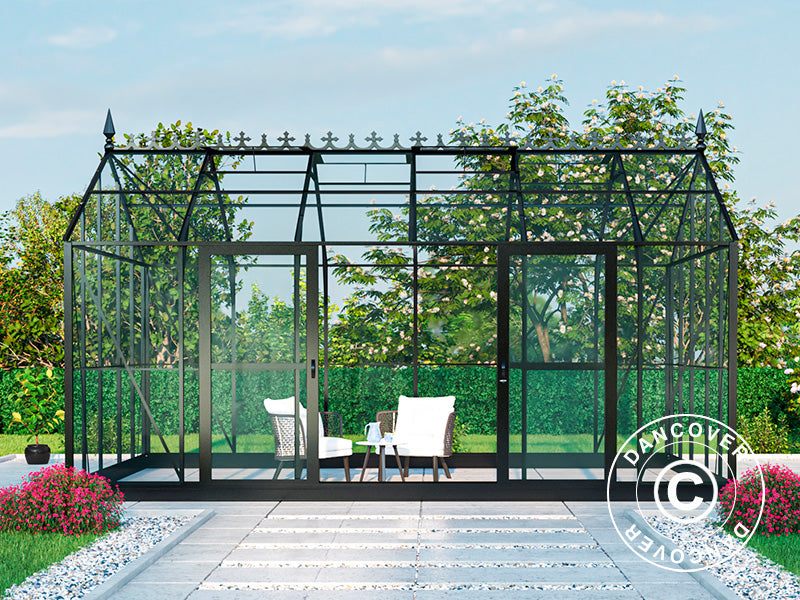 Serra Orangerie, serra in vetro 16,5m², 4,45x3,71x3,16m con base e cresta vittoriana, Nero