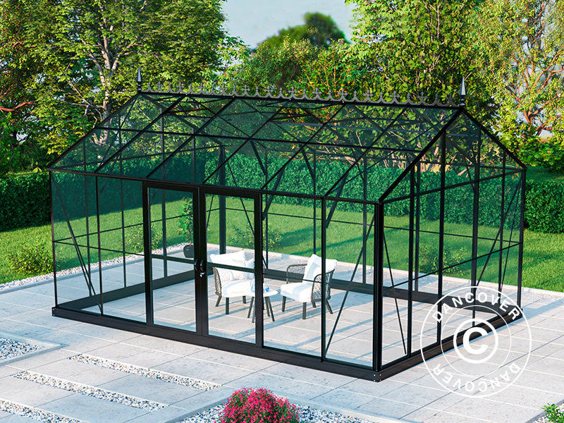 Orangerie, serre en verre 16,5m², 4,45x3,71x3,16m avec socle et crête ornementale, Noir
