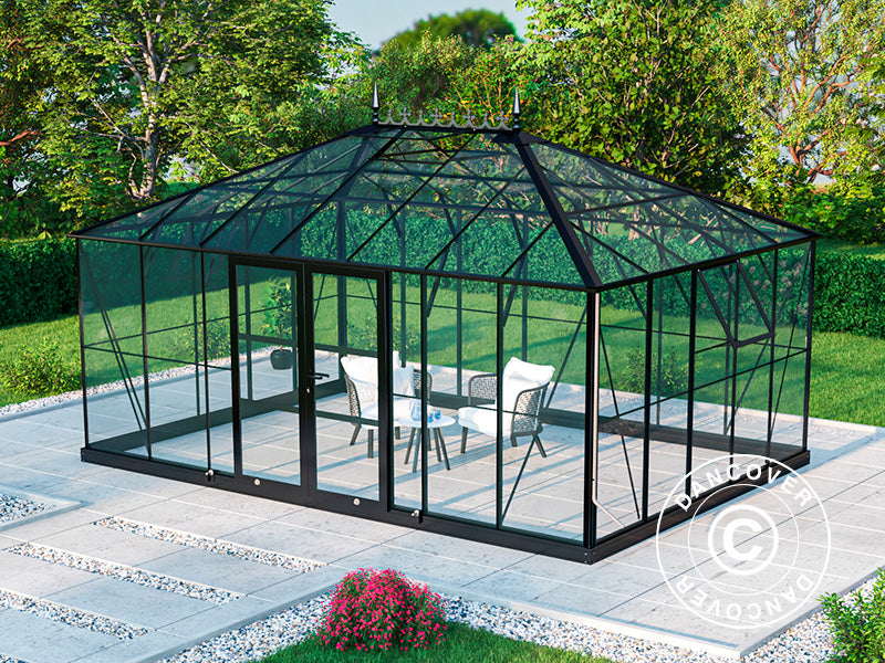 Serra orangerie, Serra in vetro 19m², 5,14x3,71x3,15m con base e cresta vittoriana, Nero