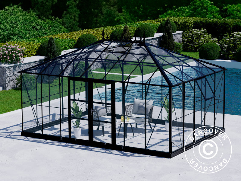 Serra orangerie, Serra in vetro 19m², 5,14x3,71x3,15m con base e cresta vittoriana, Nero
