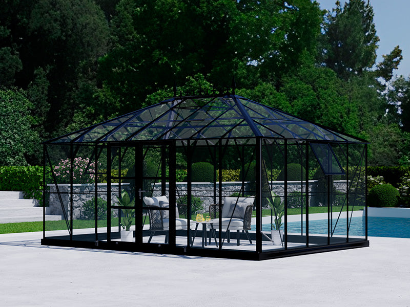 Serra orangerie, Serra in vetro 19m², 5,14x3,71x3,15m con base e cresta vittoriana, Nero