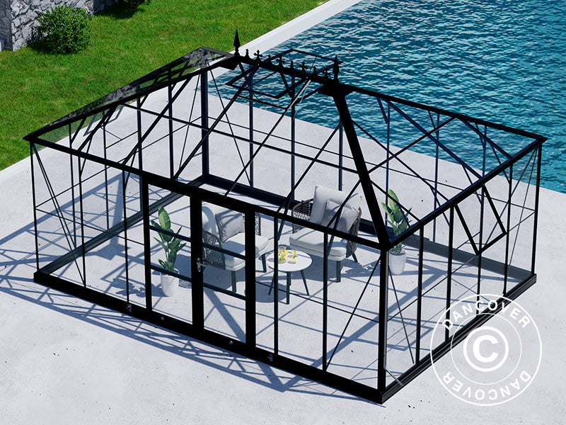 Serra orangerie, Serra in vetro 19m², 5,14x3,71x3,15m con base e cresta vittoriana, Nero