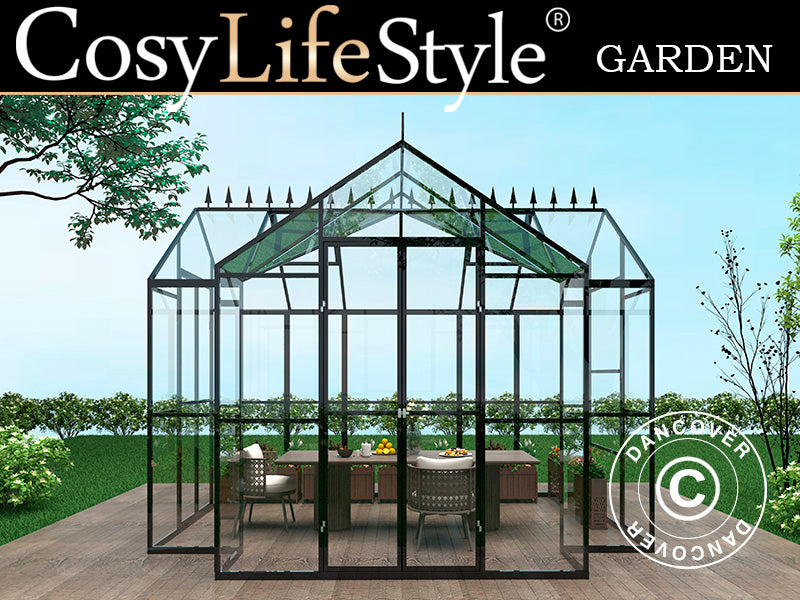 Serre orangerie en verre 10,37m², 3,7x3,04x2,8m avec base et crête, Noir