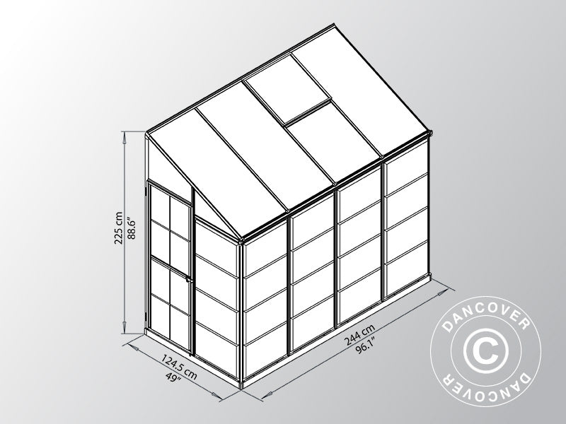Serra a parete in Policarbonato, 3,05m², Palram/Canopia, 1,25x2,44x2,25m, Argento