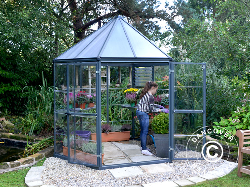 Serre orangerie en polycarbonate OASIS, Hexagonal 3,91m², Palram/Canopia, 2,13x2,47x2,67m, Anthracite