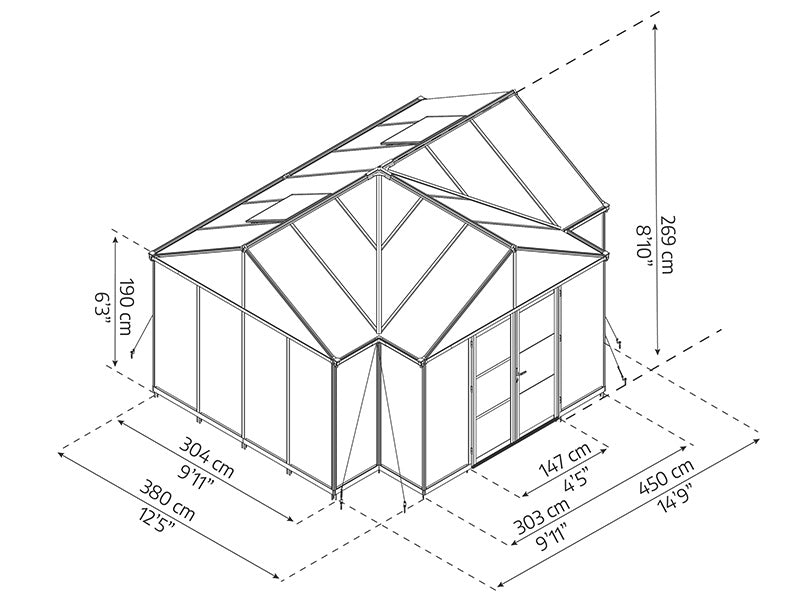 Serre orangerie en polycarbonate Triomphe avec base, 17,1m², Palram/Canopia, 4,5x3,8x2,69m, Noir