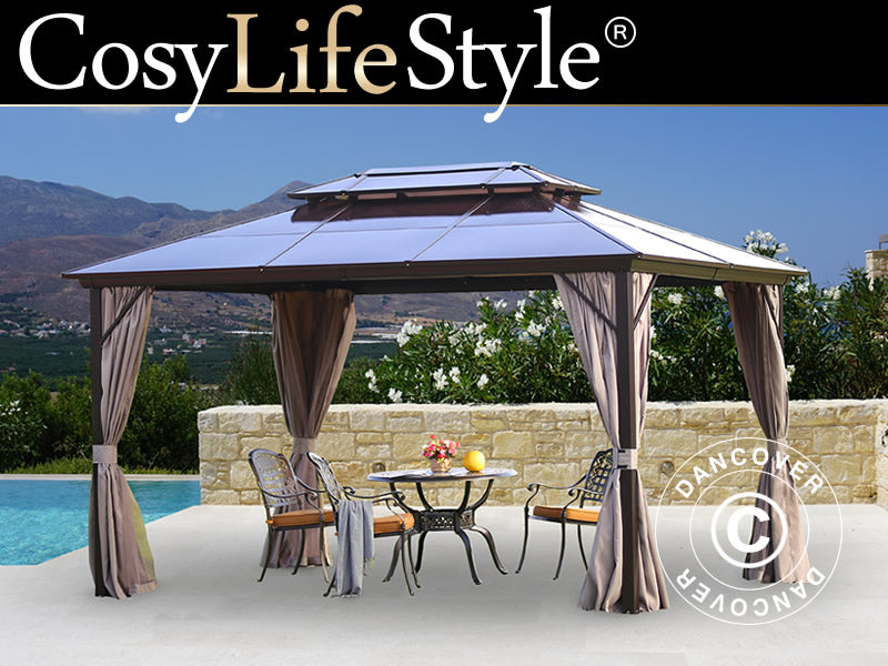 Tonnelle Santa Ana Alu+ avec rideaux et moustiquaire, 3x4m, Marron