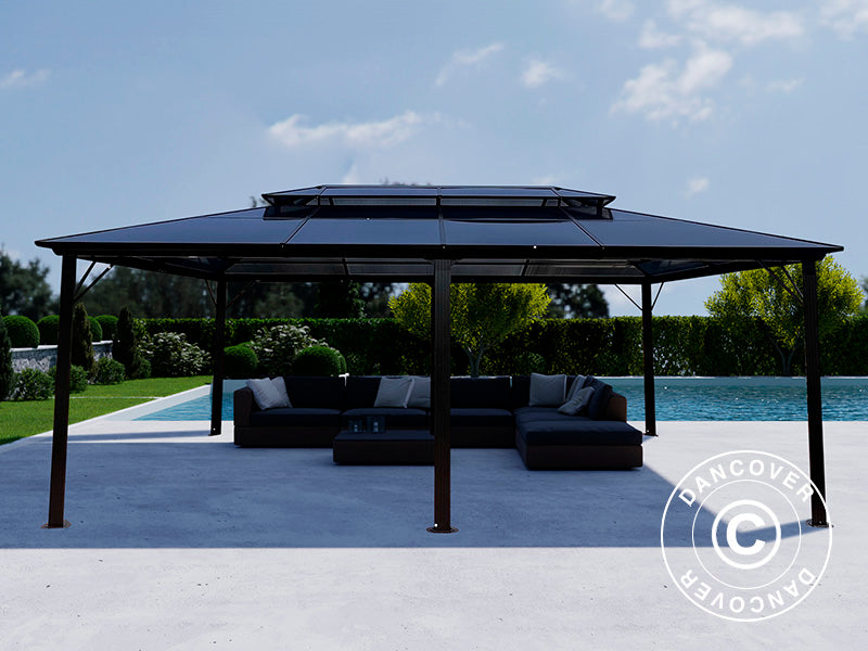 Gazebo Santa Ana Alu+ con tende e zanzariera, 3,65x6m, Nero