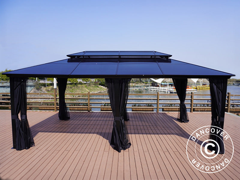 Gazebo Santa Ana Alu+ con tende e zanzariera, 3,65x6m, Nero