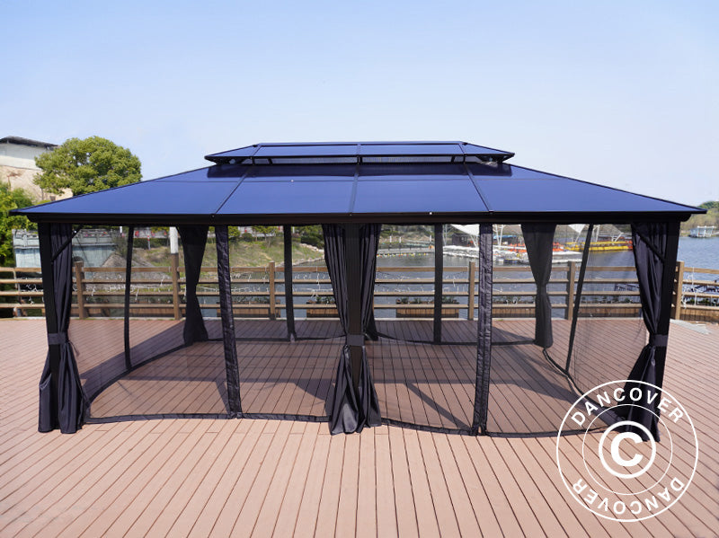 Gazebo Santa Ana Alu+ con tende e zanzariera, 3,65x6m, Nero