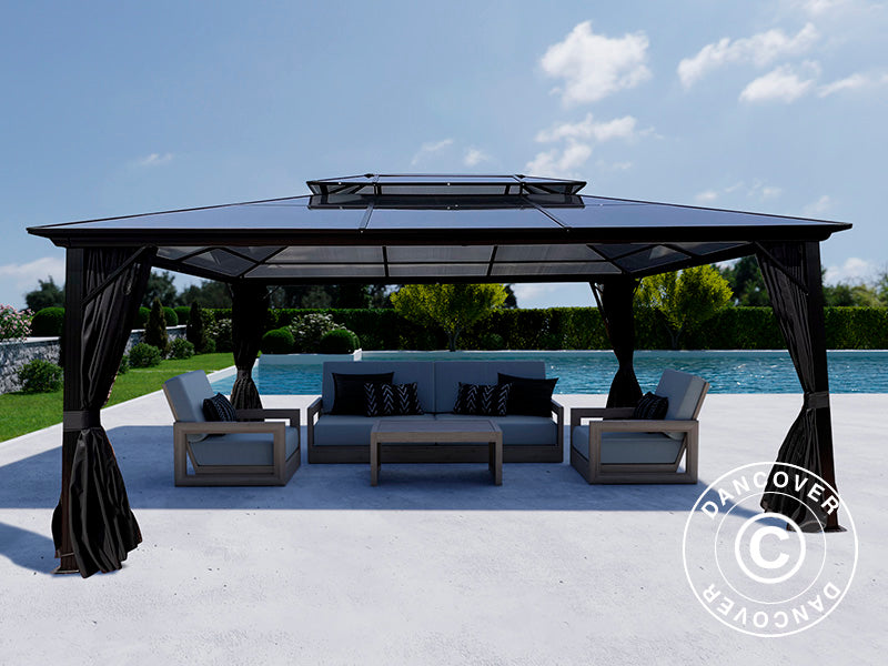 Gazebo Santa Ana Alu+ con tende e zanzariera, 3,65x4,85m, Nero