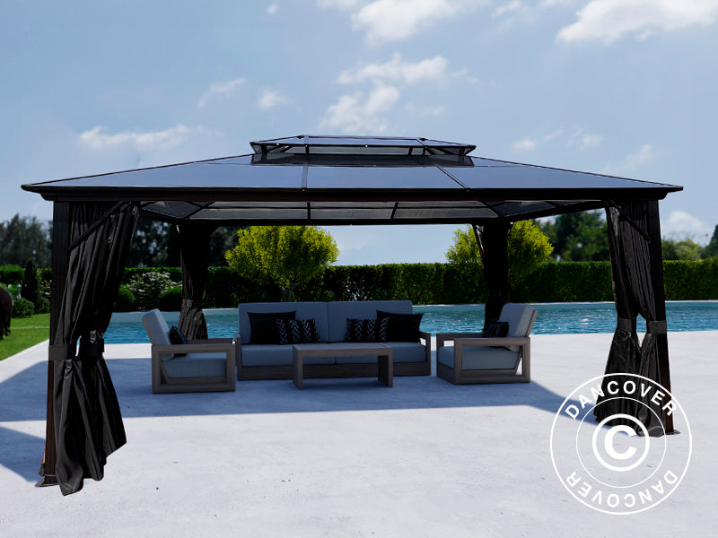 Gazebo Santa Ana Alu+ con tende e zanzariera, 3,65x4,85m, Nero