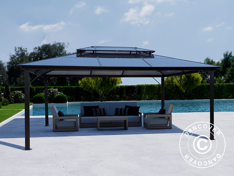 Gazebo Santa Ana Alu+ con tende e zanzariera, 3,65x4,85m, Nero