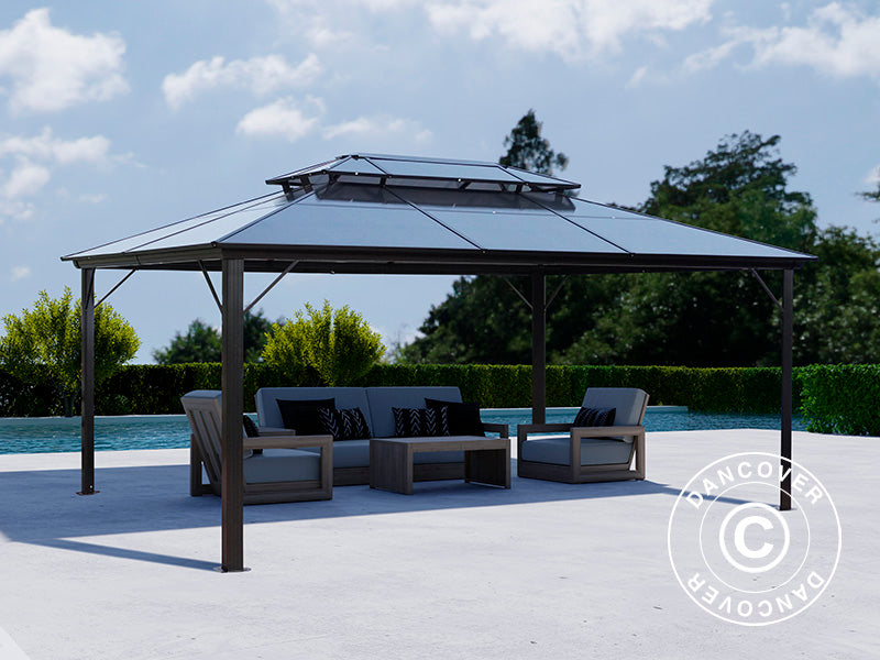 Gazebo Santa Ana Alu+ con tende e zanzariera, 3,65x4,85m, Nero