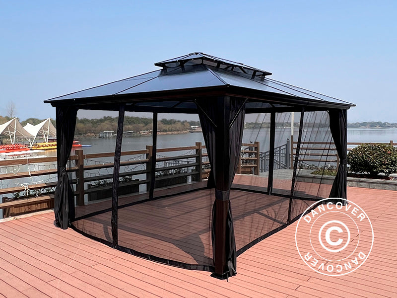 Gazebo Santa Ana Alu+ con tende e zanzariera, 3,65x4,85m, Nero