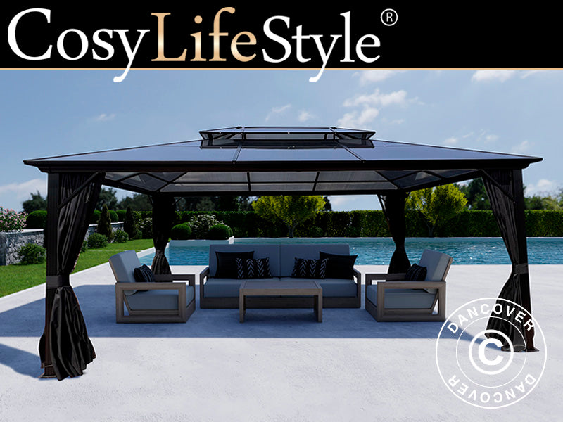 Gazebo Santa Ana Alu+ con tende e zanzariera, 3,65x4,85m, Nero