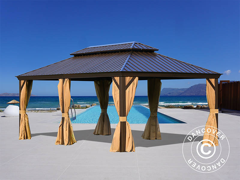 Gazebo Santa Fe Alu+ con tende e zanzariera, 3,65x6m, Marrone