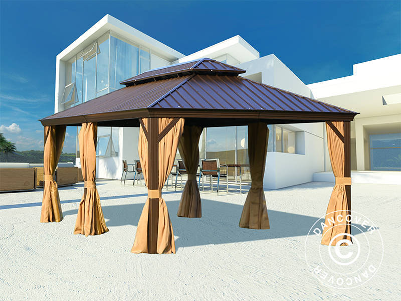 Gazebo Santa Fe Alu+ con tende e zanzariera, 3,65x6m, Marrone