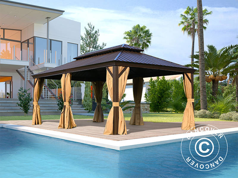 Gazebo Santa Fe Alu+ con tende e zanzariera, 3,65x6m, Marrone