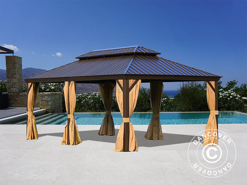Gazebo Santa Fe Alu+ con tende e zanzariera, 3,65x6m, Marrone
