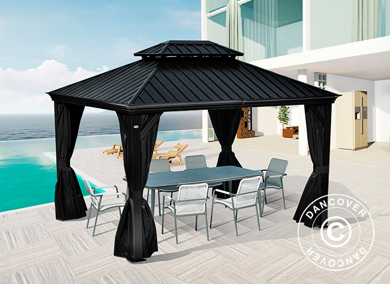 Gazebo Santa Fe Alu+ con tende e zanzariera, 3x4,25m, Nero