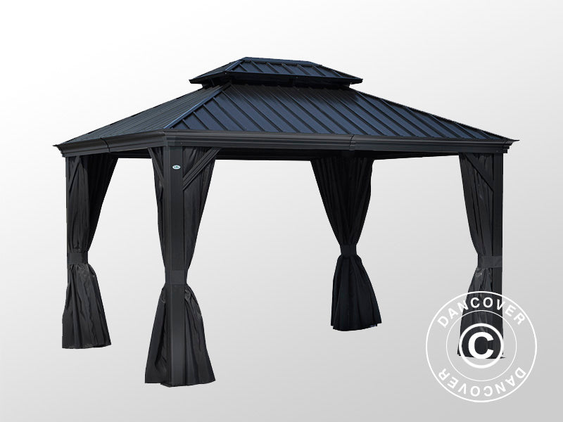 Gazebo Santa Fe Alu+ con tende e zanzariera, 3x4,25m, Nero