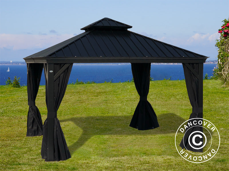 Gazebo Santa Fe Alu+ con tende e zanzariera, 3x4,25m, Nero