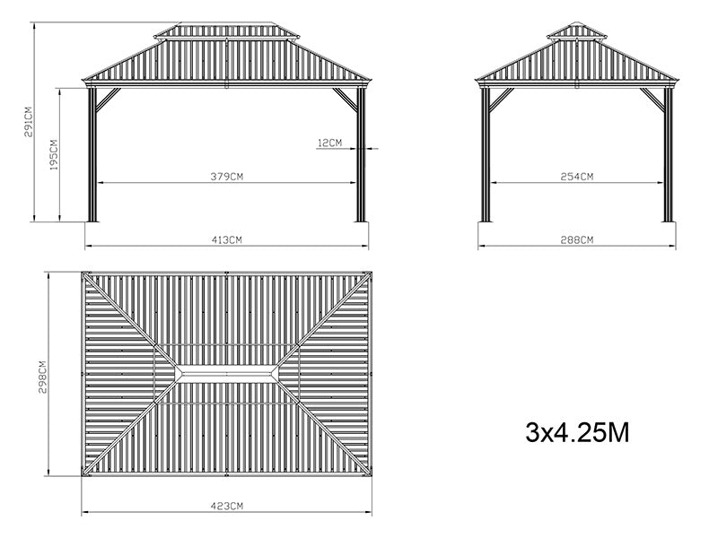 Gazebo Santa Fe Alu+ con tende e zanzariera, 3x4,25m, Nero