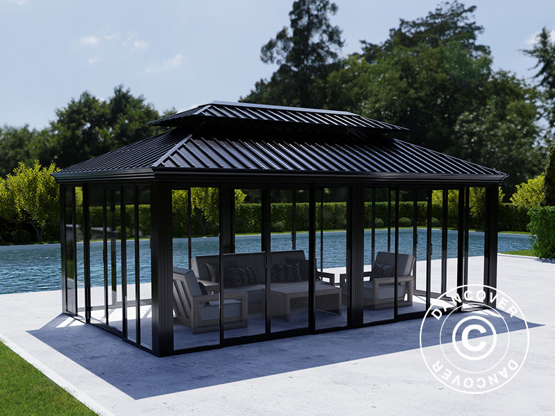 Gazebo Santa Fe Alu+ con pareti laterali e porte scorrevoli, 3,65x6m, Nero