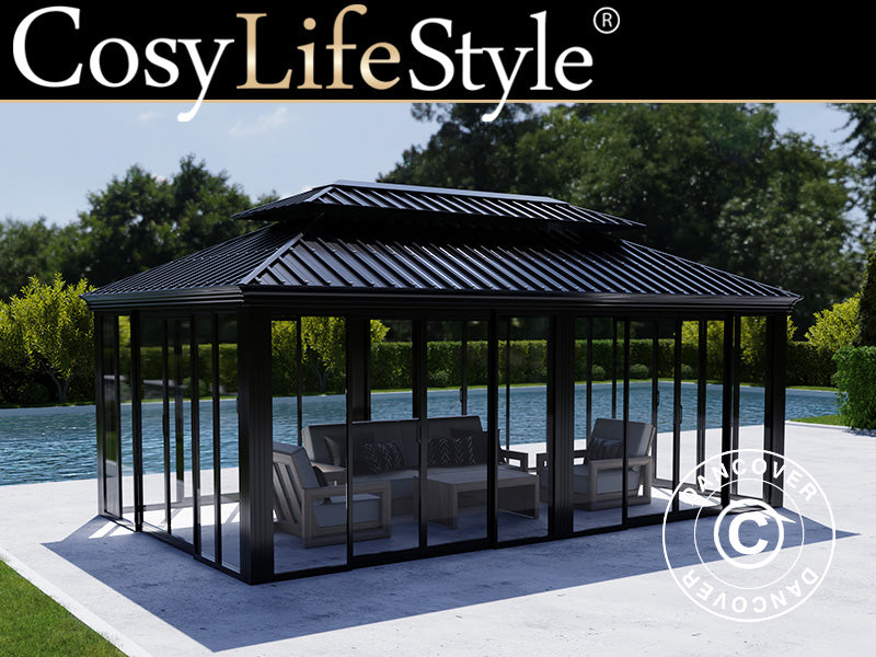 Gazebo Santa Fe Alu+ con pareti laterali e porte scorrevoli, 3,65x6m, Nero