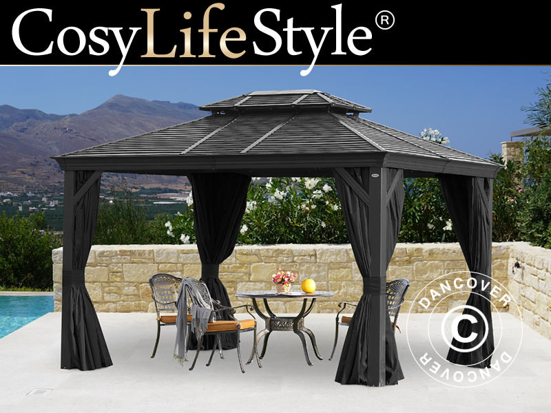 Gazebo San Bruno Alu+ con tende e zanzariera, 3x4m, Nero