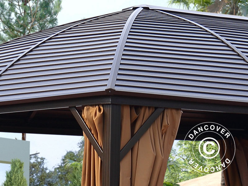 Tonnelle San Jose Alu+ avec rideaux et moustiquaire, 3x4m, Marron