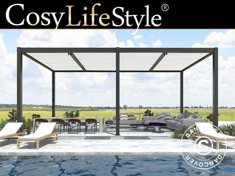 Gazebo pergola bioclimatico San Pablo Alu+, 3x5,8m, Nero/Bianco