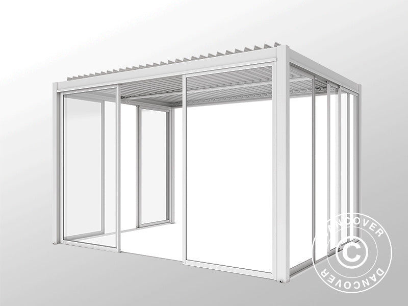 Pergola bioclimatique San Pablo Alu+ avec portes coulissantes, 3x4m, Blanc