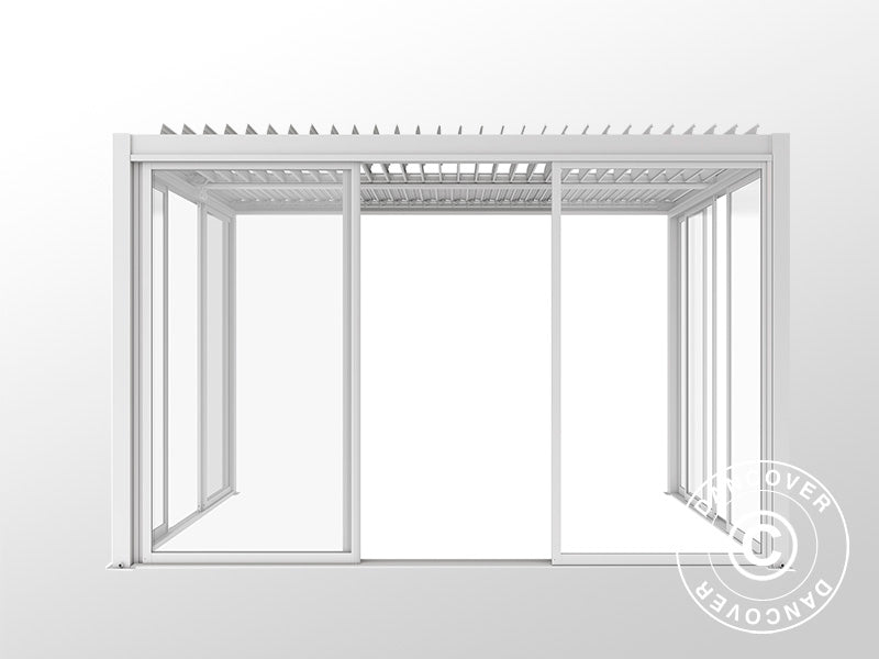 Pergola bioclimatique San Pablo Alu+ avec portes coulissantes, 3x4m, Blanc
